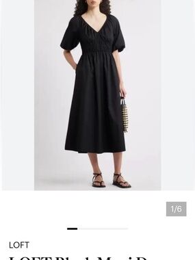 LOFT Black V-Neck Smocked-Waist Midi Dress